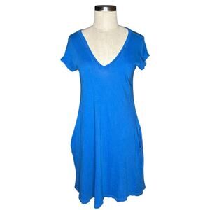 CURRENT/ELLIOTT Distressed Vibrant Blue Short Sleeve V-Neck Shirt Dress Size 1 S